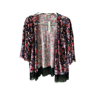 San Joy Womens Size Large NEW Colorful Floral Bohemian Cardigan Festival Fringe